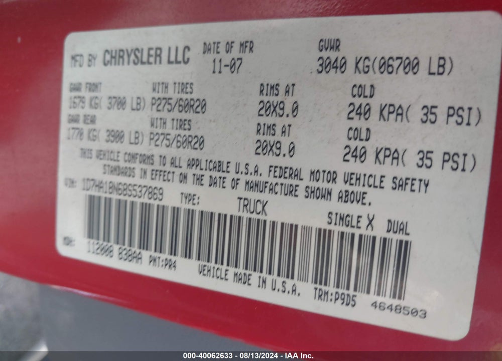 2008 DODGE RAM 1500 SLT/ST/SXT VIN: 1D7HA18N68S537869