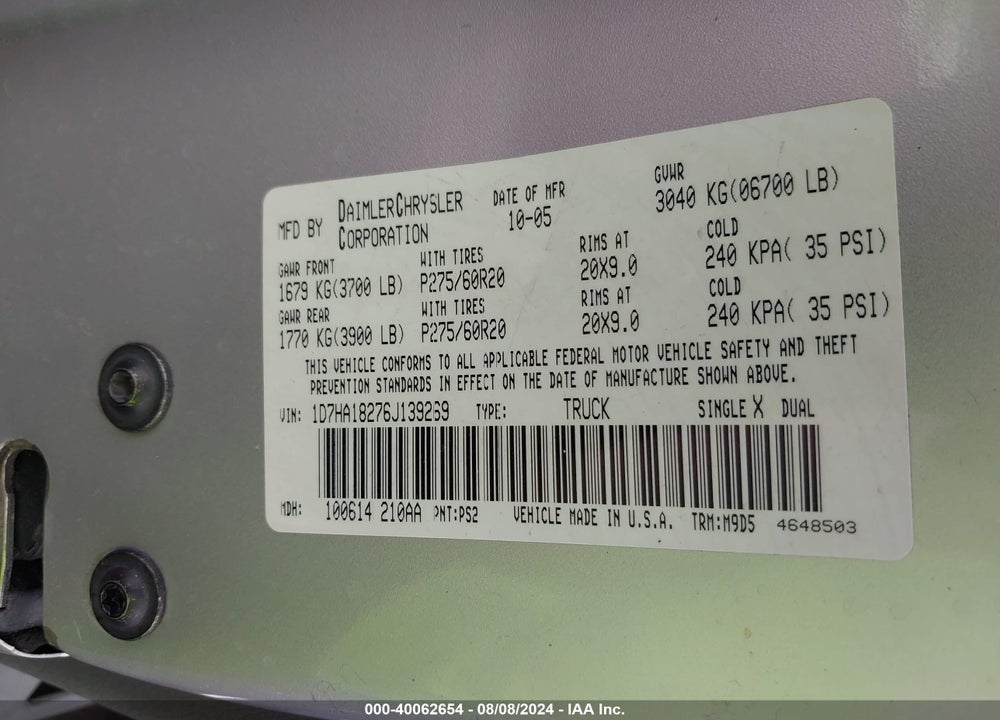 2006 DODGE RAM 1500 SLT VIN: 1D7HA18276J139269