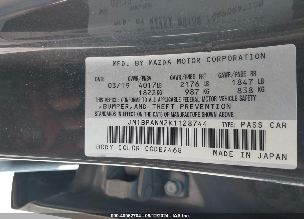 2019 MAZDA 3 PREMIUM PACKAGE VIN: JM1BPANM2K1128744