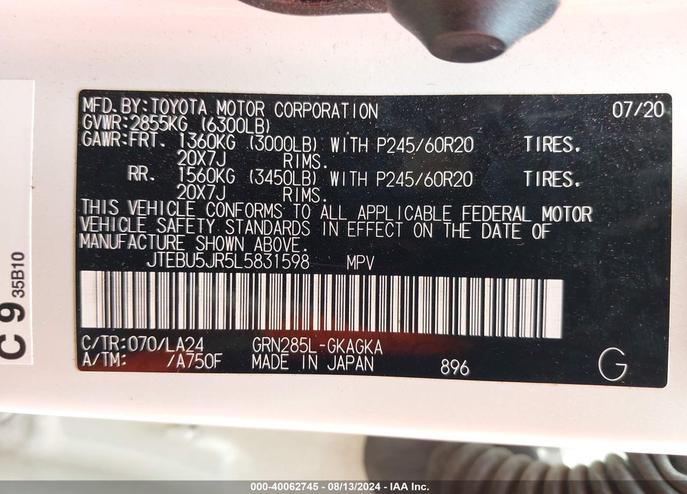 2020 TOYOTA 4RUNNER LIMITED VIN: JTEBU5JR5L5831598