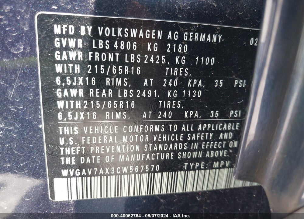 2012 VOLKSWAGEN TIGUAN S VIN: WVGAV7AX3CW567570