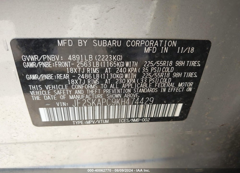 2019 SUBARU FORESTER SPORT VIN: JF2SKAPC9KH474429