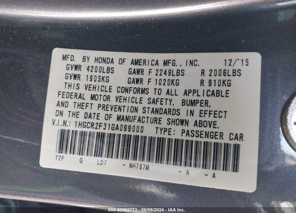 2016 HONDA ACCORD LX VIN: 1HGCR2F31GA099000