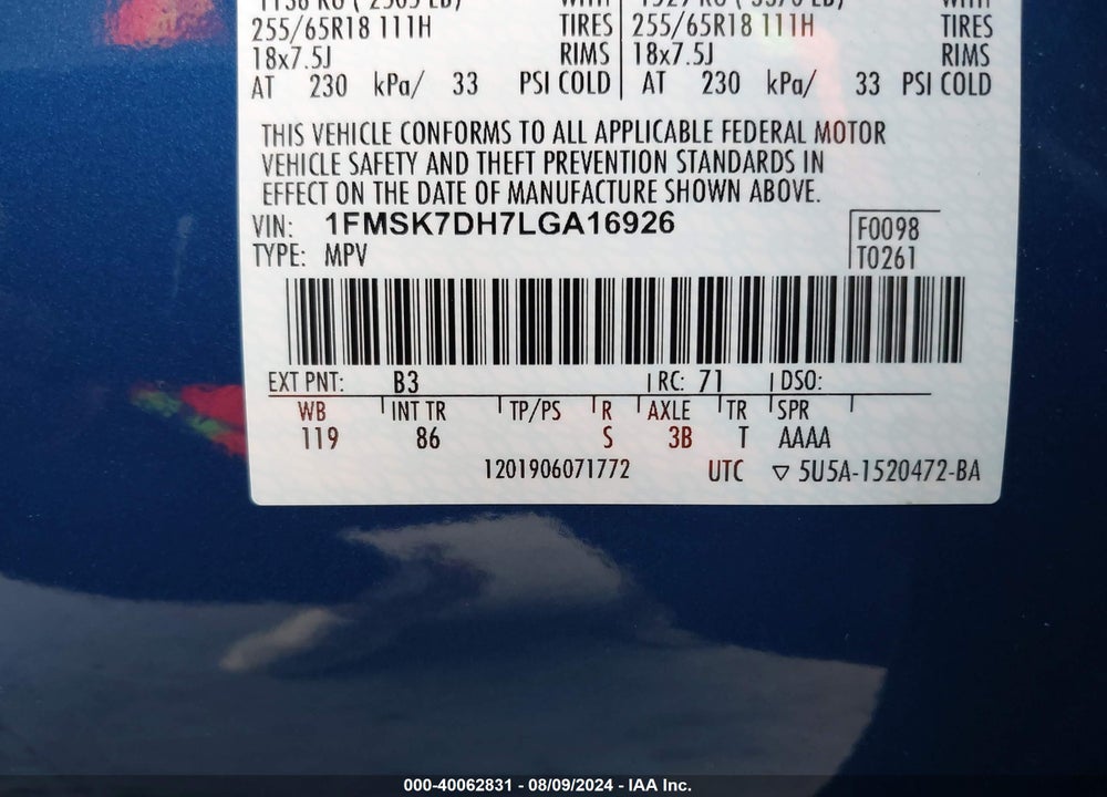 2020 FORD EXPLORER XLT VIN: 1FMSK7DH7LGA16926