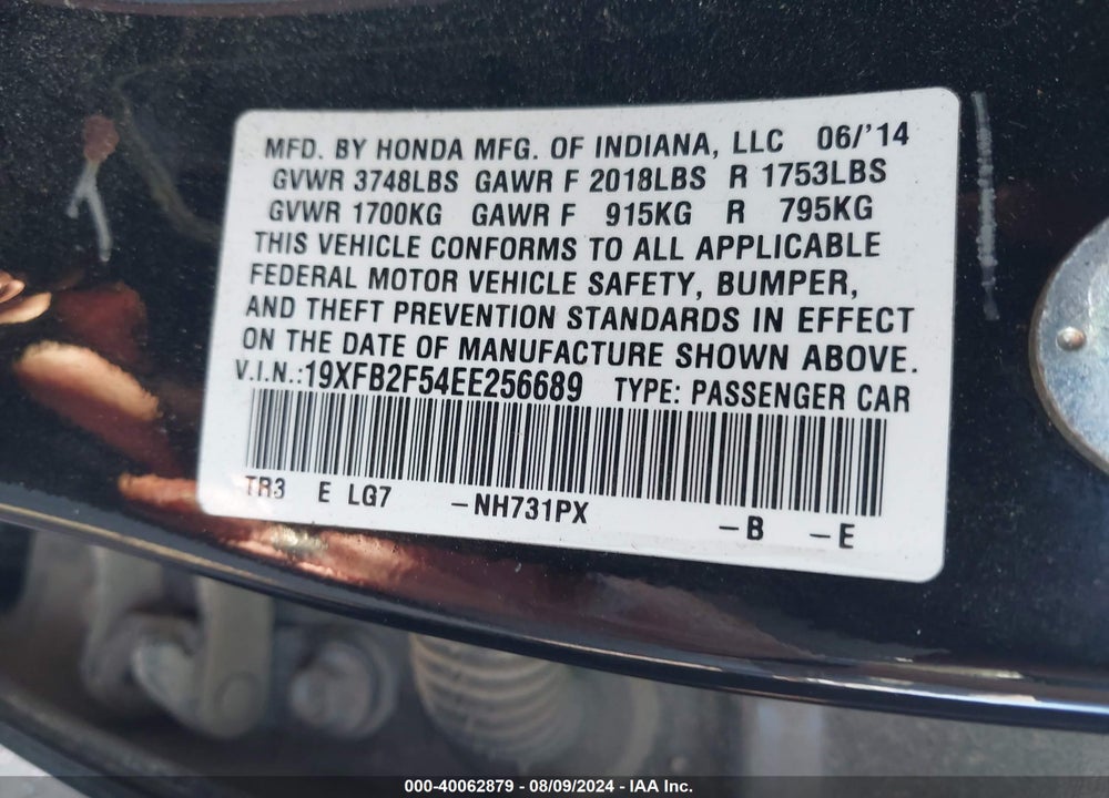 2014 HONDA CIVIC LX VIN: 19XFB2F54EE256689