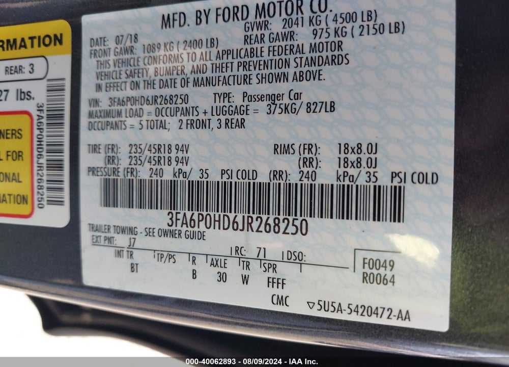 2018 FORD FUSION SE VIN: 3FA6P0HD6JR268250