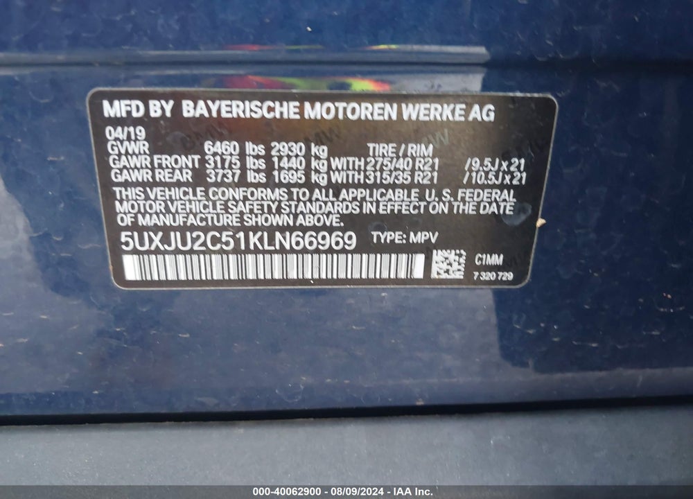 2019 BMW X5 XDRIVE50I VIN: 5UXJU2C51KLN66969