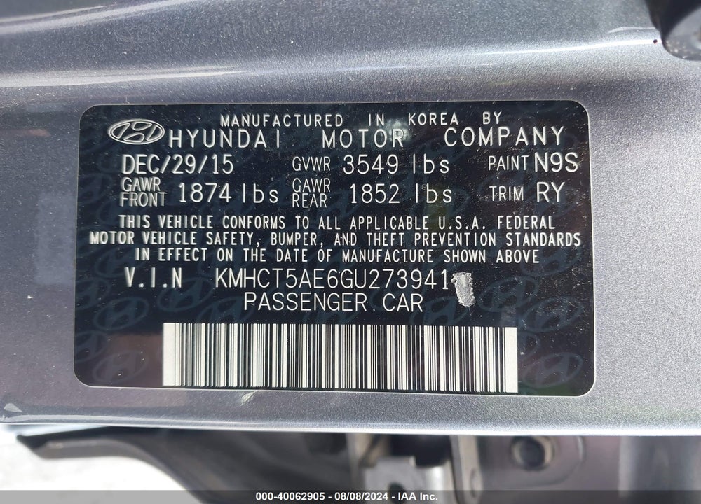 2016 HYUNDAI ACCENT SE VIN: KMHCT5AE6GU273941