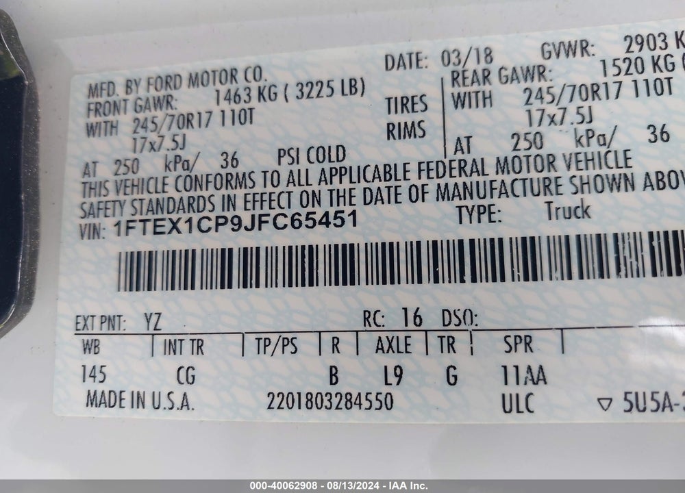 2018 FORD F-150 XL VIN: 1FTEX1CP9JFC65451
