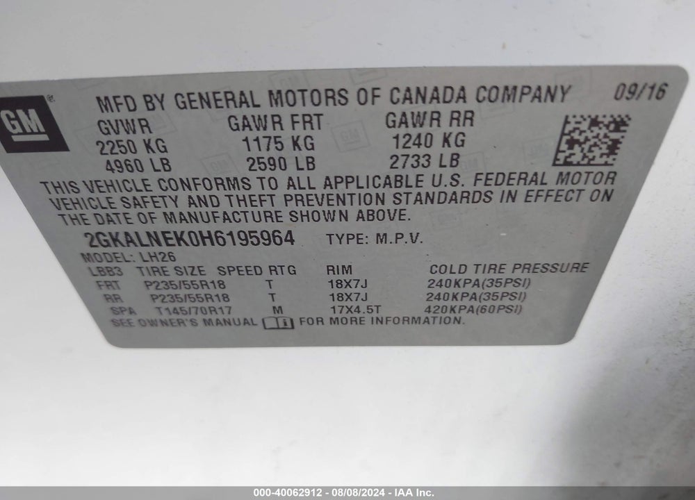 2017 GMC TERRAIN SLE-2 VIN: 2GKALNEK0H6195964