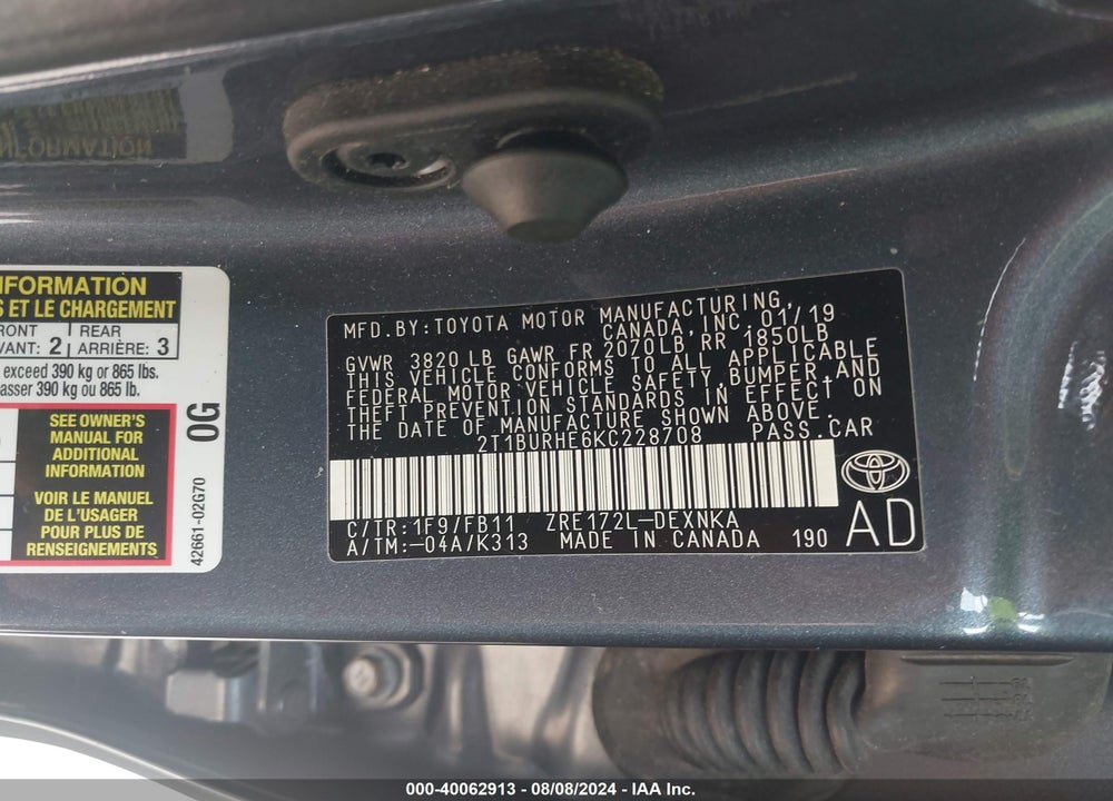 2019 TOYOTA COROLLA LE VIN: 2T1BURHE6KC228708