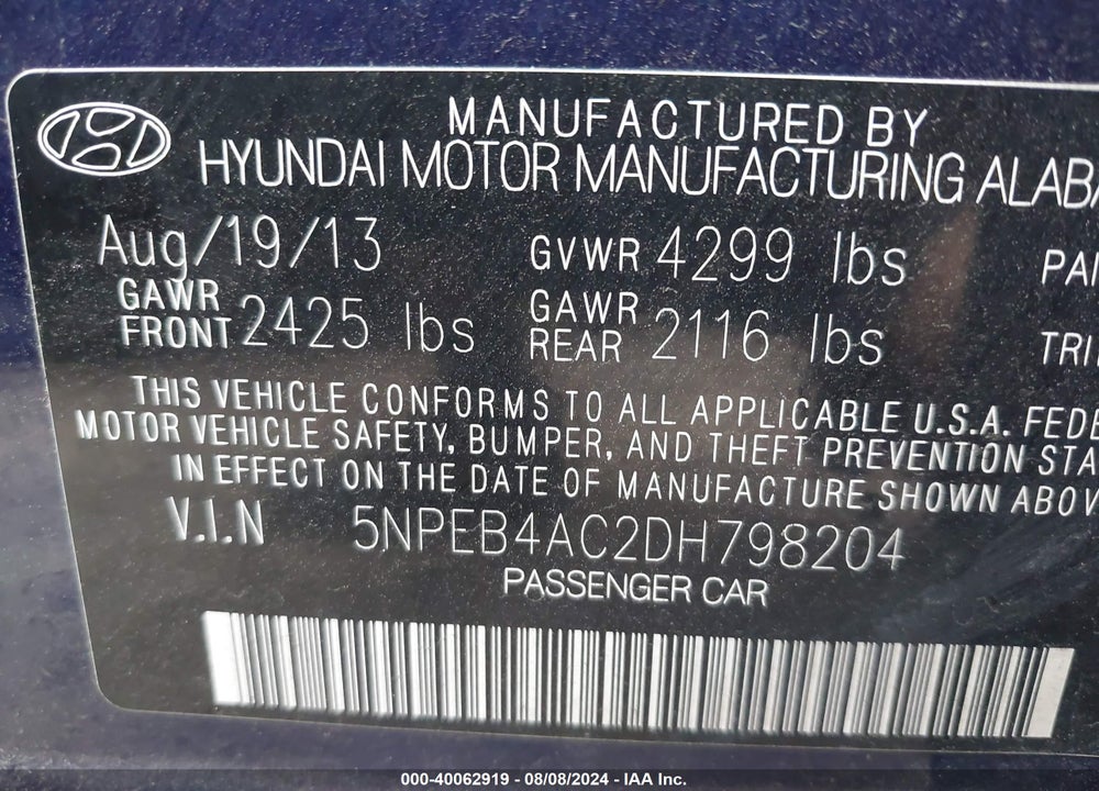2013 HYUNDAI SONATA GLS VIN: 5NPEB4AC2DH798204