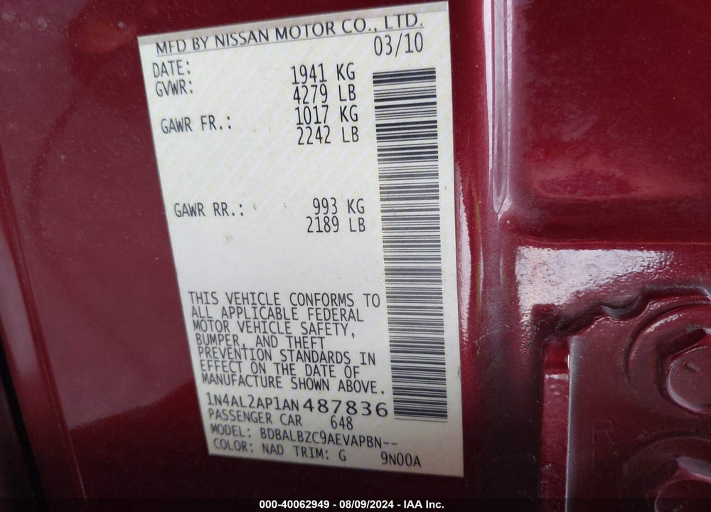 2010 NISSAN ALTIMA 2.5 S VIN: 1N4AL2AP1AN487836