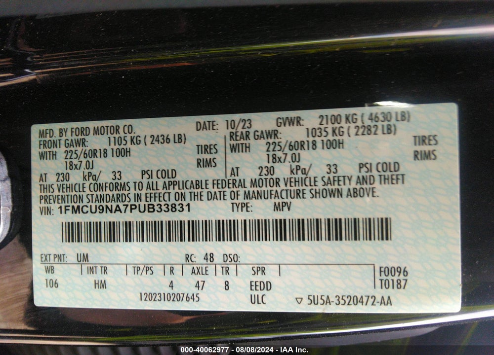 2023 FORD ESCAPE ST-LINE SELECT VIN: 1FMCU9NA7PUB33831