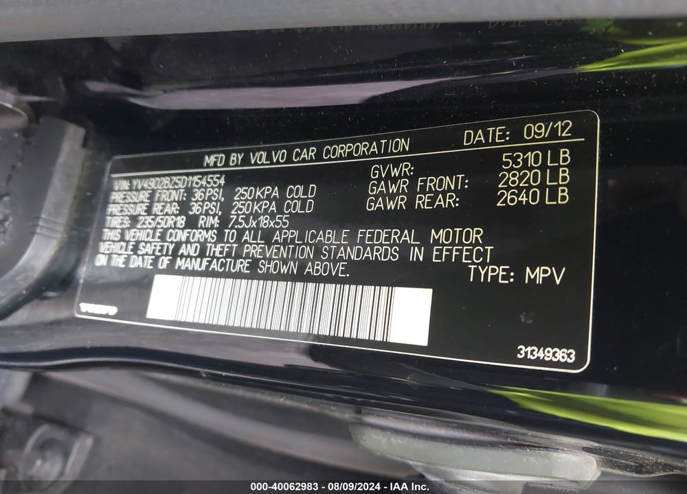 2013 VOLVO XC70 T6/T6 PLATINUM/T6 PREMIER PLUS VIN: YV4902BZ5D1154554