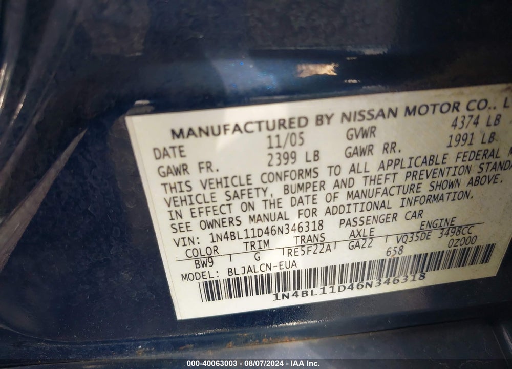 2006 NISSAN ALTIMA 3.5 SE VIN: 1N4BL11D46N346318