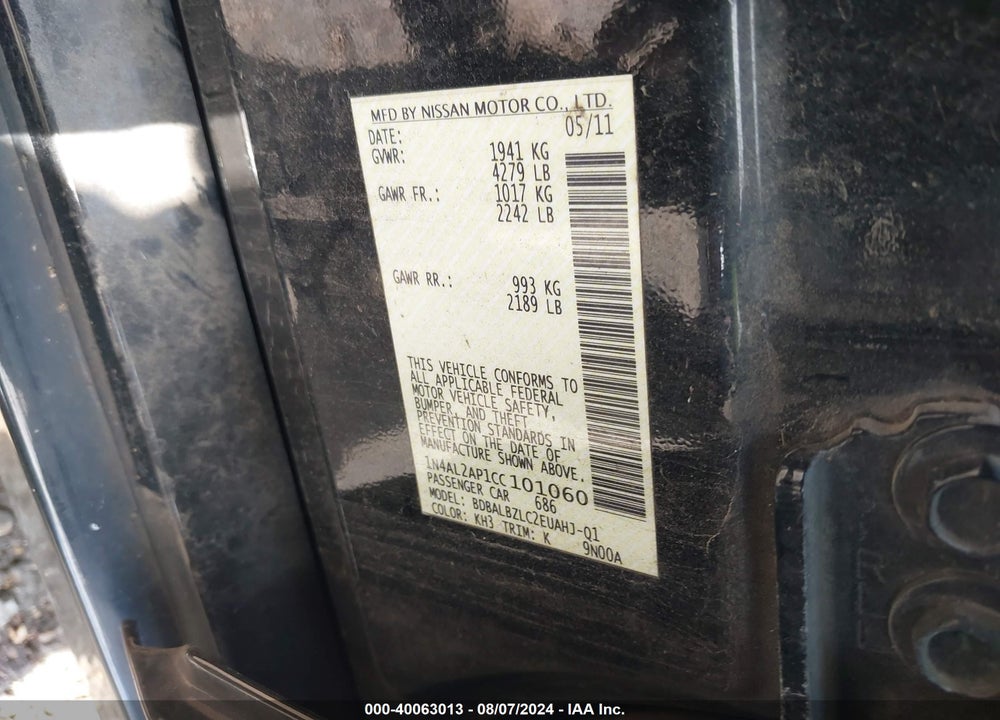 2012 NISSAN ALTIMA 2.5 S VIN: 1N4AL2AP1CC101060