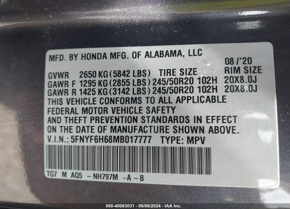 2021 HONDA PILOT AWD TOURING 7 PASSENGER VIN: 5FNYF6H68MB017777