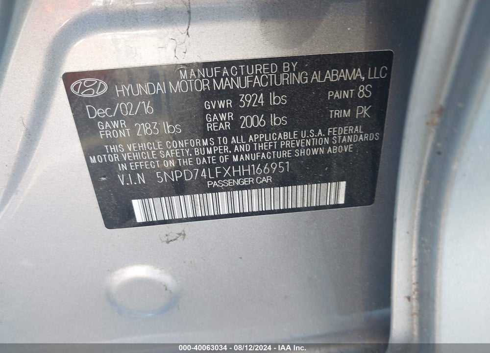 2017 HYUNDAI ELANTRA SE VIN: 5NPD74LFXHH166951