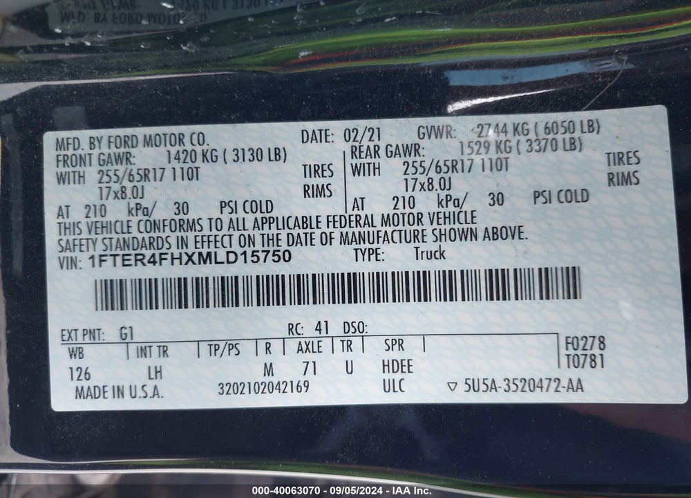 2021 FORD RANGER XLT VIN: 1FTER4FHXMLD15750