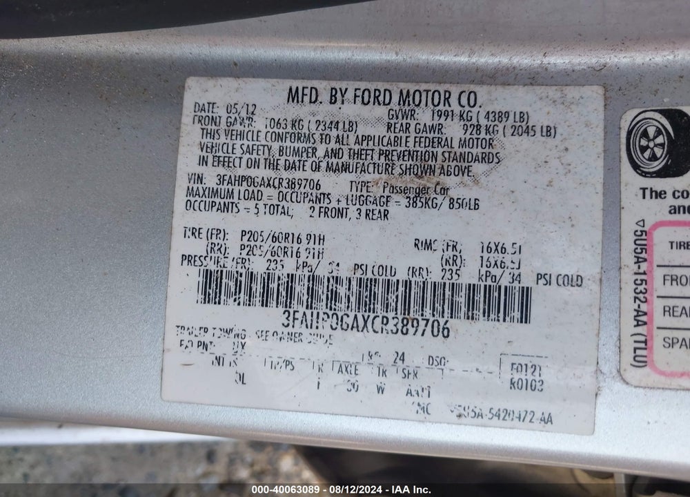 2012 FORD FUSION S VIN: 3FAHP0GAXCR389706