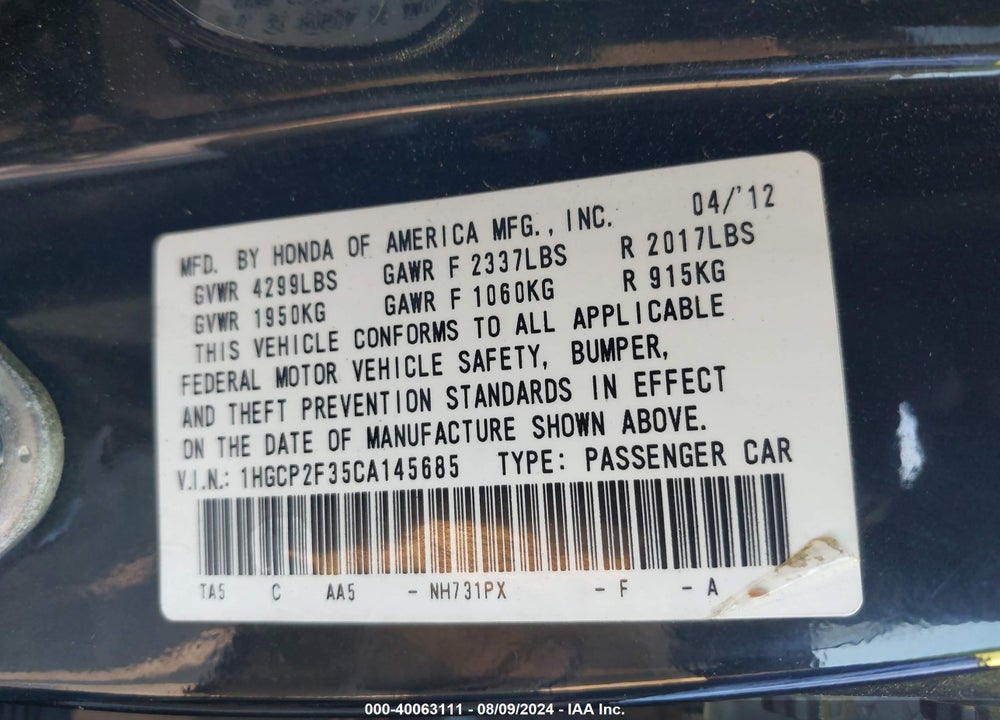 2012 HONDA ACCORD 2.4 LX VIN: 1HGCP2F35CA145685