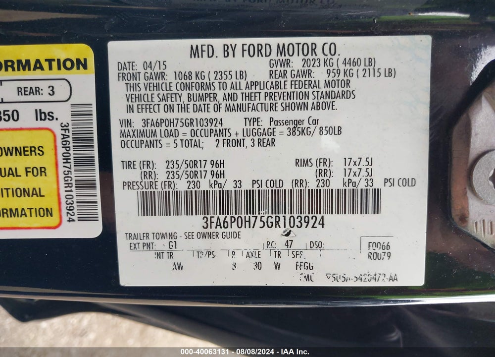 2016 FORD FUSION VIN: 3FA6P0H75GR103924