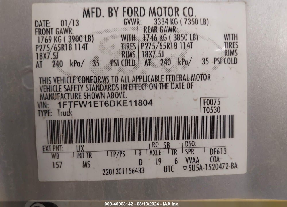 2013 FORD F-150 XLT VIN: 1FTFW1ET6DKE11804
