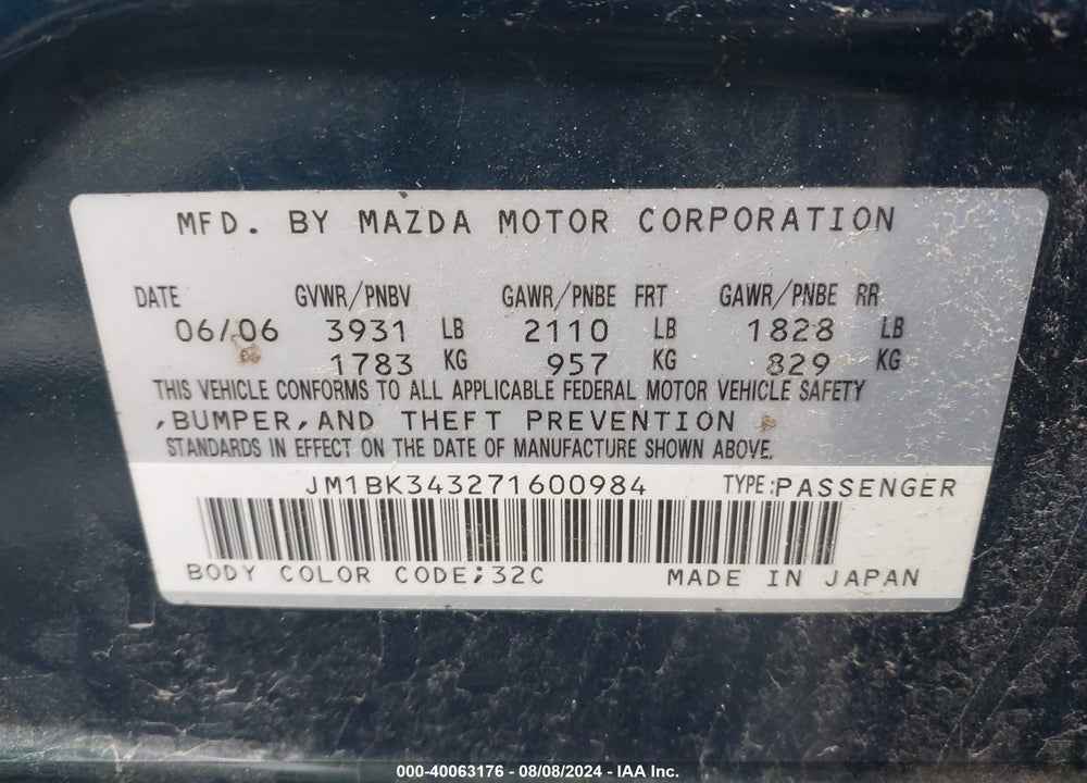 2007 MAZDA 3 S TOURING VIN: JM1BK343271600984