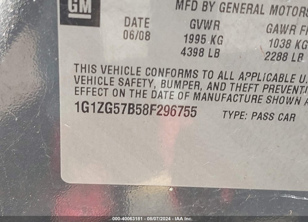 2008 CHEVROLET MALIBU VIN: 1G1ZG57B58F296755
