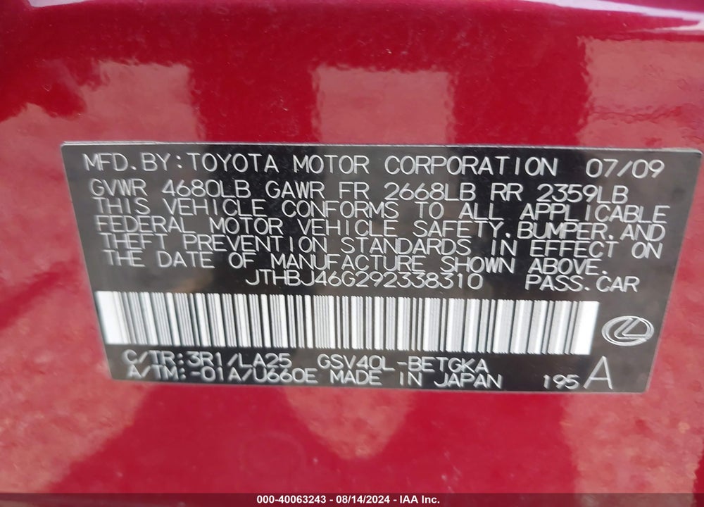 2009 LEXUS ES 350 VIN: JTHBJ46G292338310