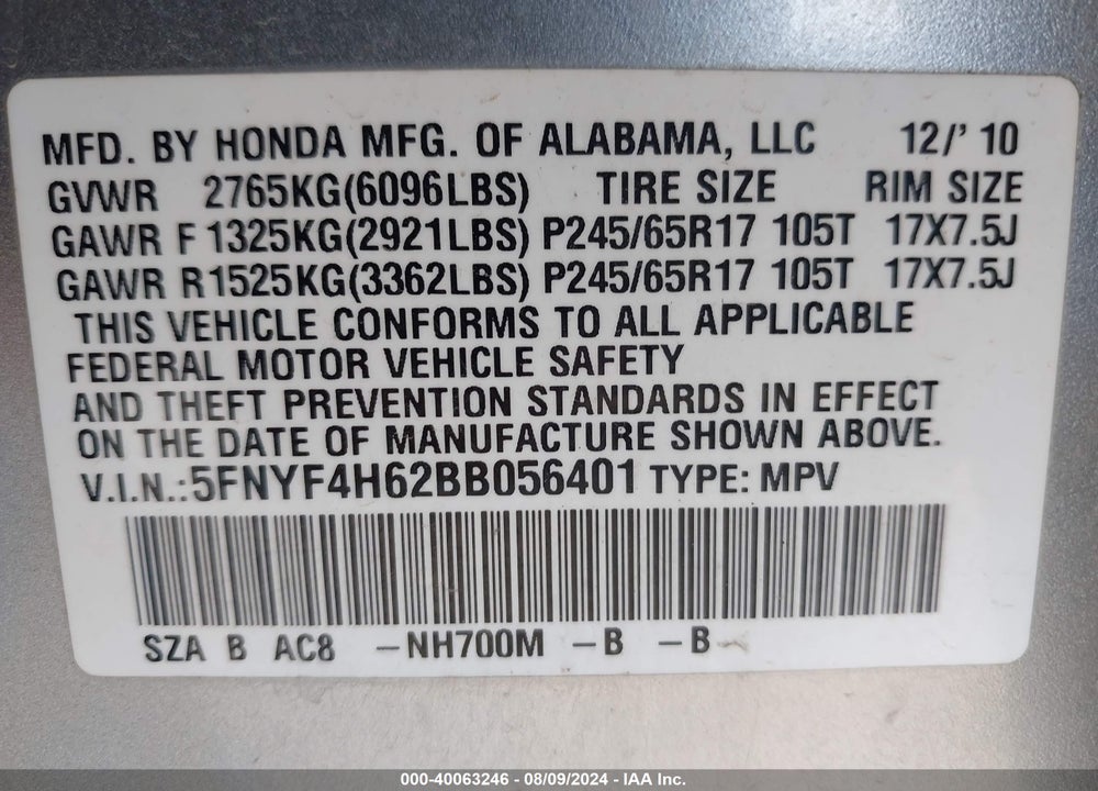 2011 HONDA PILOT EX-L VIN: 5FNYF4H62BB056401