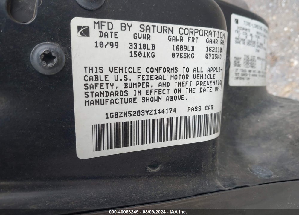 2000 SATURN SL1 VIN: 1G8ZH5283YZ144174