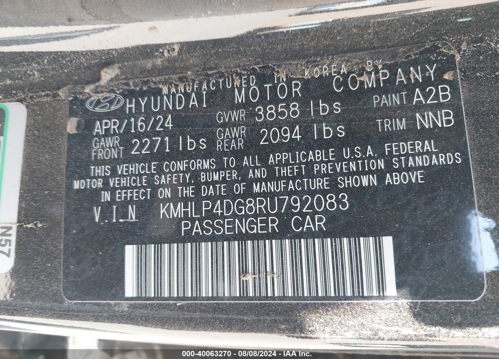 2024 HYUNDAI ELANTRA LIMITED VIN: KMHLP4DG8RU792083