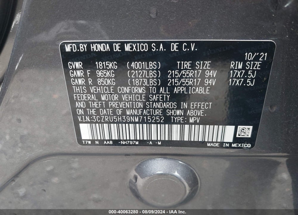 2022 HONDA HR-V 2WD LX VIN: 3CZRU5H39NM715252