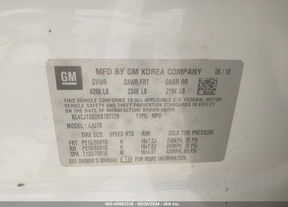 2019 BUICK ENCORE FWD SPORT TOURING VIN: KL4CJ1SB2KB707729