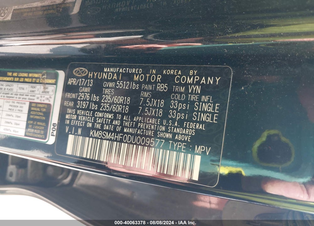 2013 HYUNDAI SANTA FE GLS VIN: KM8SM4HF0DU009577
