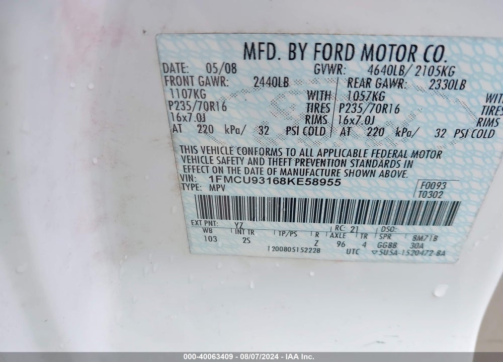 2008 FORD ESCAPE XLT VIN: 1FMCU93168KE58955