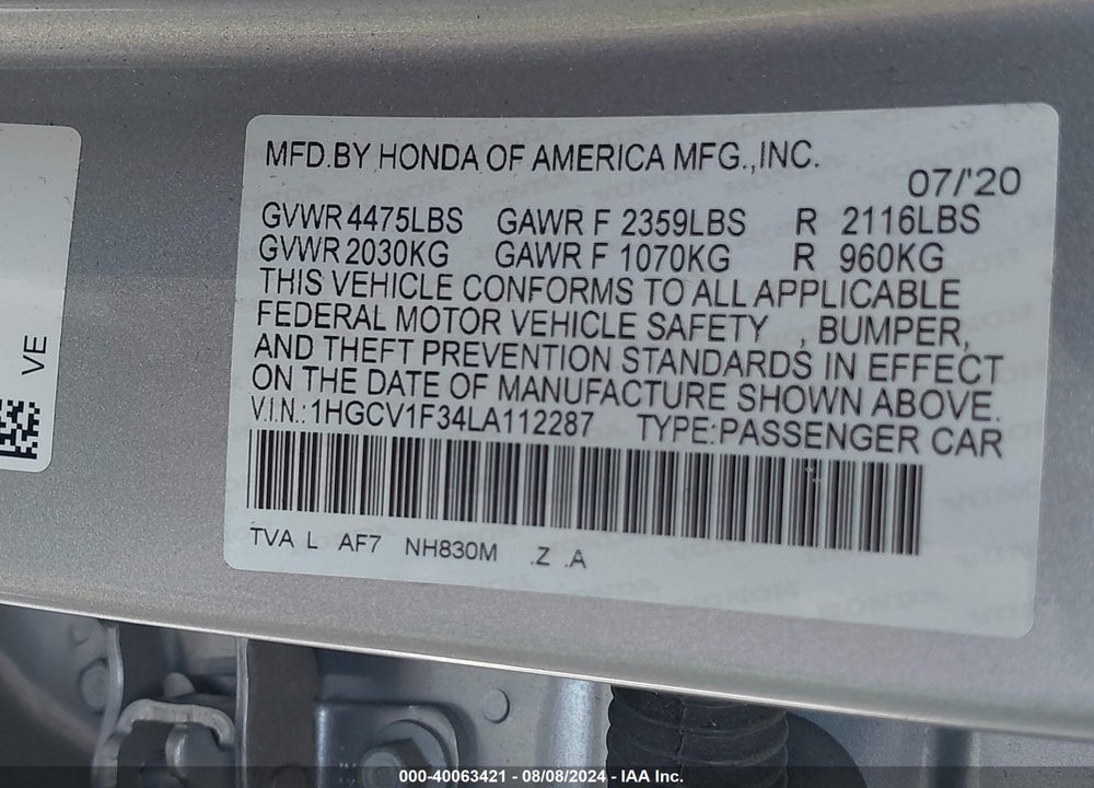2020 HONDA ACCORD SPORT VIN: 1HGCV1F34LA112287