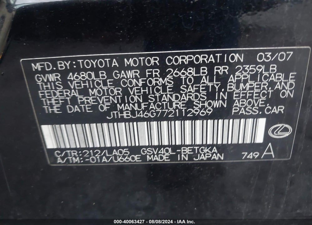 2007 LEXUS ES 350 VIN: JTHBJ46G772112969