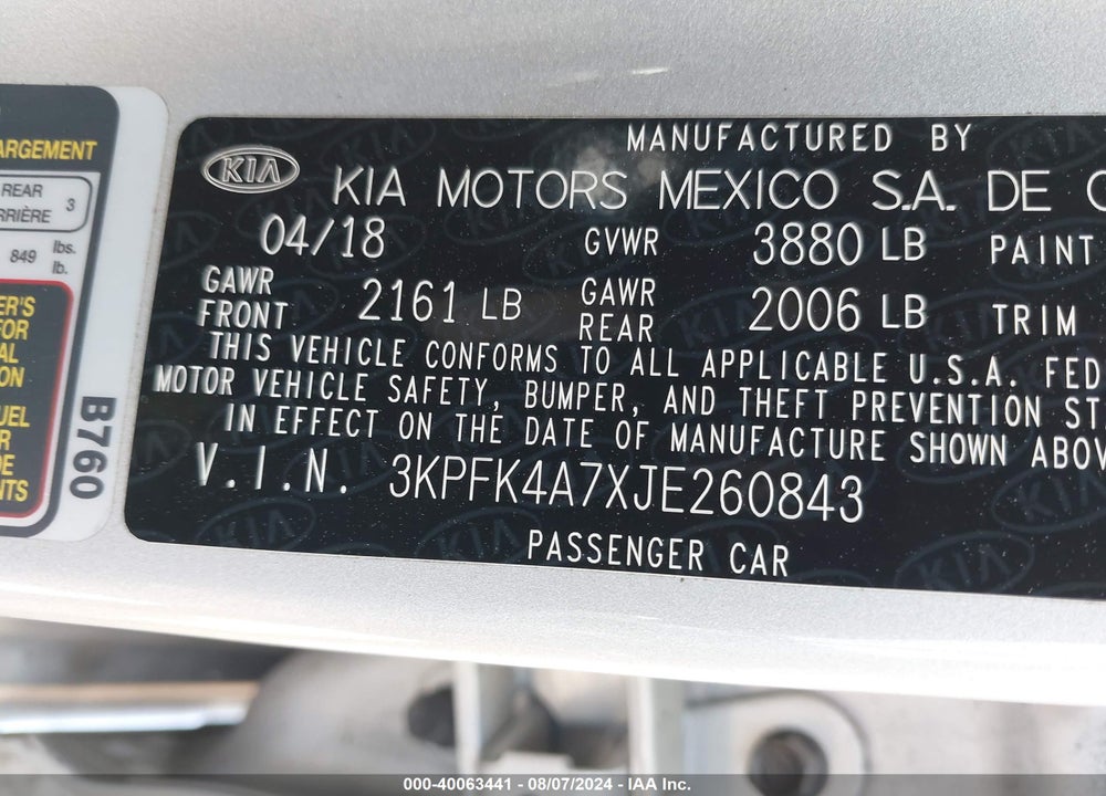 2018 KIA FORTE LX VIN: 3KPFK4A7XJE260843