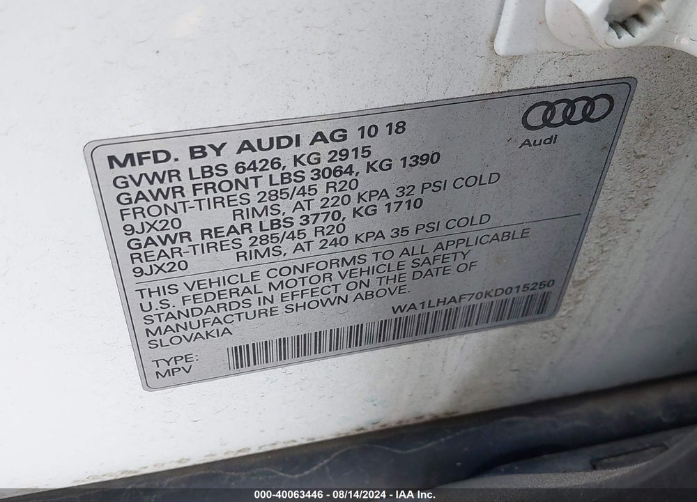 2019 AUDI Q7 45 PREMIUM/45 SE PREMIUM VIN: WA1LHAF70KD015250