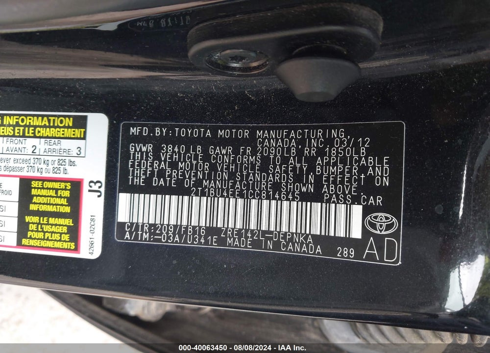 2012 TOYOTA COROLLA LE VIN: 2T1BU4EE1CC814645