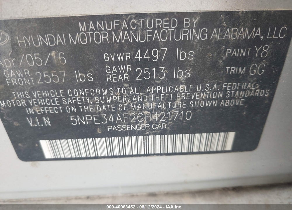 2016 HYUNDAI SONATA SPORT VIN: 5NPE34AF2GH421710