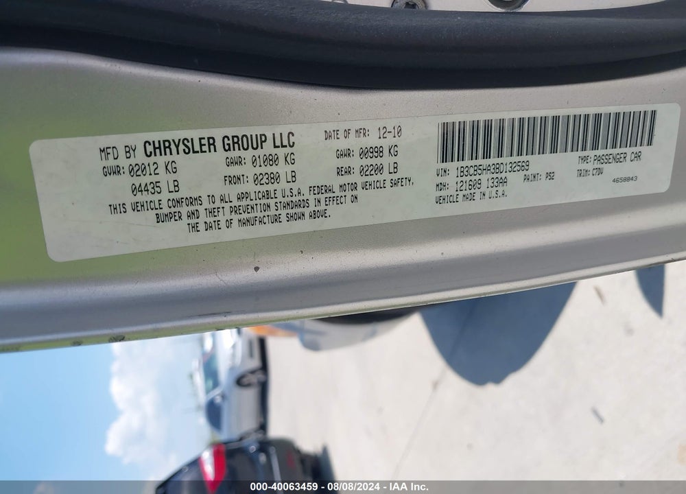 2011 DODGE CALIBER VIN: 1B3CB5HA3BD132569