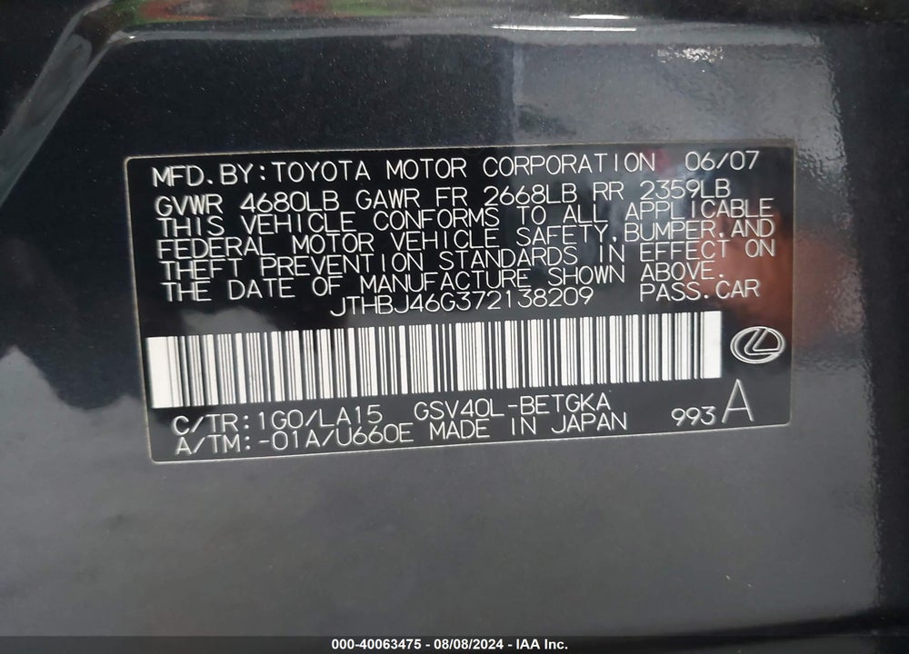2007 LEXUS ES 350 VIN: JTHBJ46G372138209