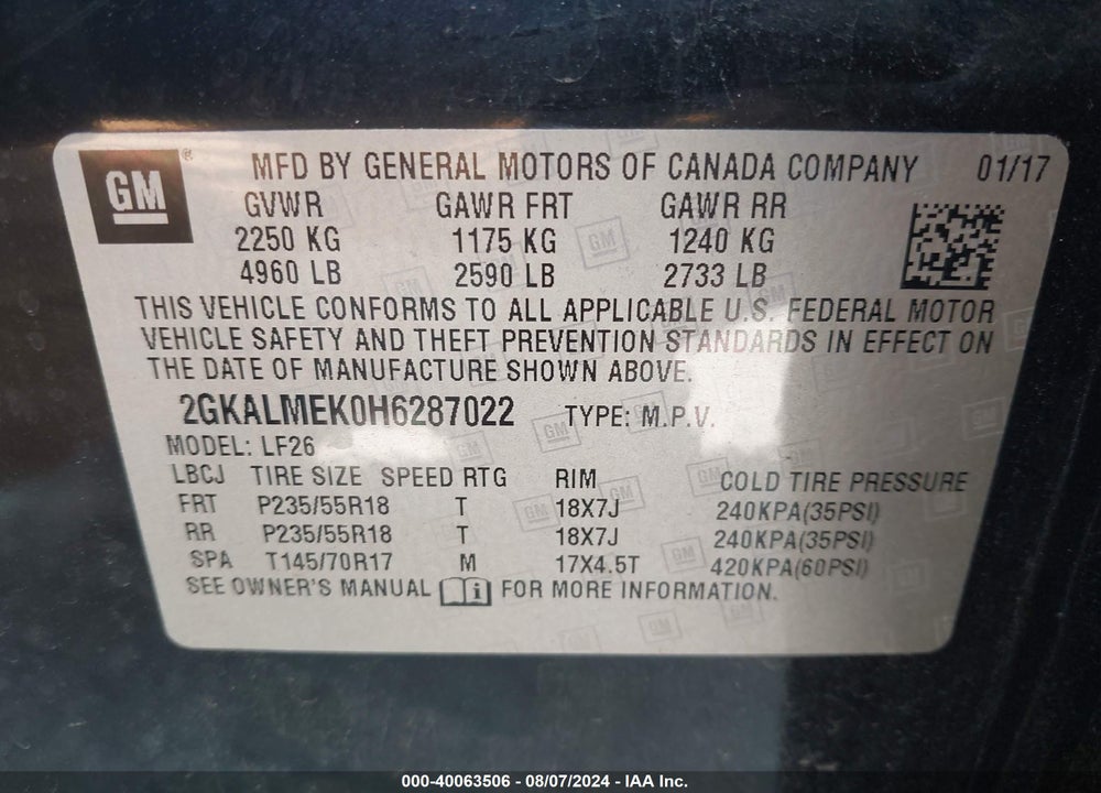2017 GMC TERRAIN SLE-1 VIN: 2GKALMEK0H6287022