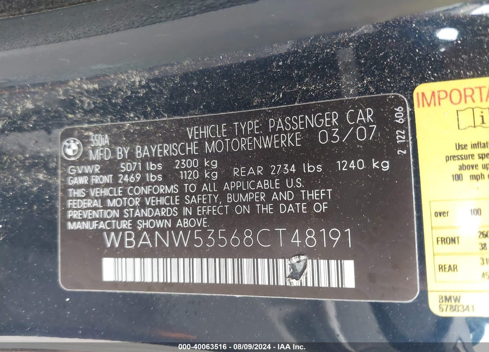 2008 BMW 550I VIN: WBANW53568CT48191