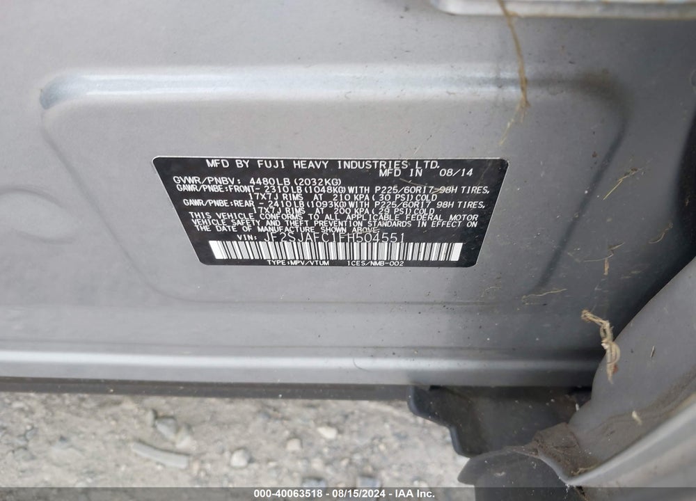 2015 SUBARU FORESTER 2.5I PREMIUM VIN: JF2SJAFC1FH504551
