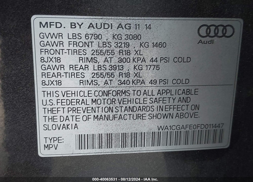 2015 AUDI Q7 3.0T PREMIUM VIN: WA1CGAFE0FD011447